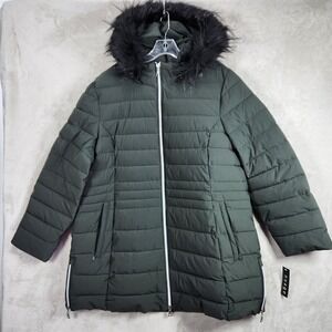 Nuage Stretch Puffer Coat Womens Petite XL‎ Moss Removable Faux Fur Hood A555742